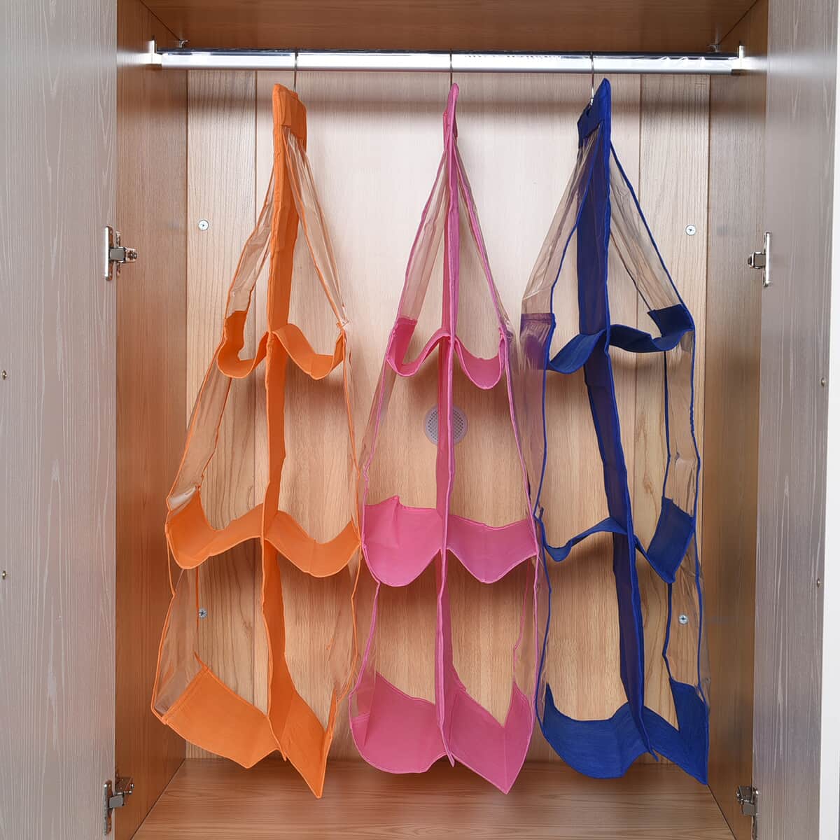 Set of 3 Orange, Dark Blue and Pink Non-Woven Hanging Storage Bag wih Large Clear Window (12.8"x31") image number 0