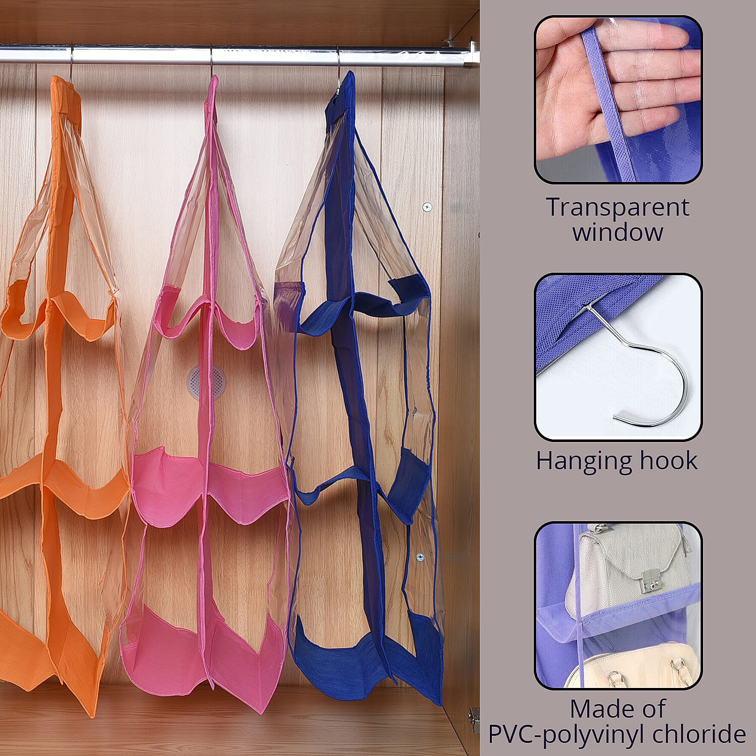 Set of 3 Orange, Dark Blue and Pink Non-Woven Hanging Storage Bag with Large Clear Window