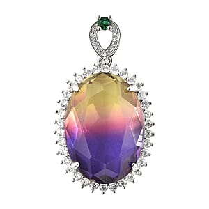 Simulated Yellow and Amethyst and Simulated Green and White Diamond Halo Pendant in Silvertone 2.65 ctw