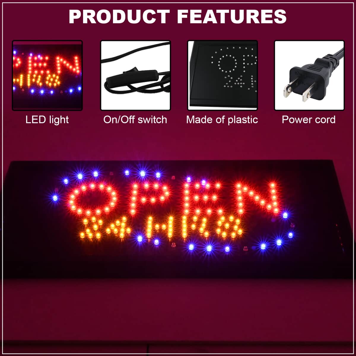 LED SIGN, LIGHTED OPEN 24 HOURS WITH IN LINE SWITCH Wall Decor image number 2