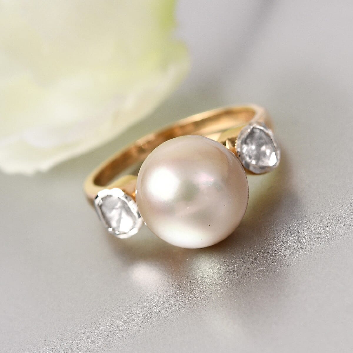 South Sea Pearl 9-10 mm and Polki Diamond Ring in 14K Yellow Gold Over Sterling Silver (Size 10.0) 0.20 ctw image number 1
