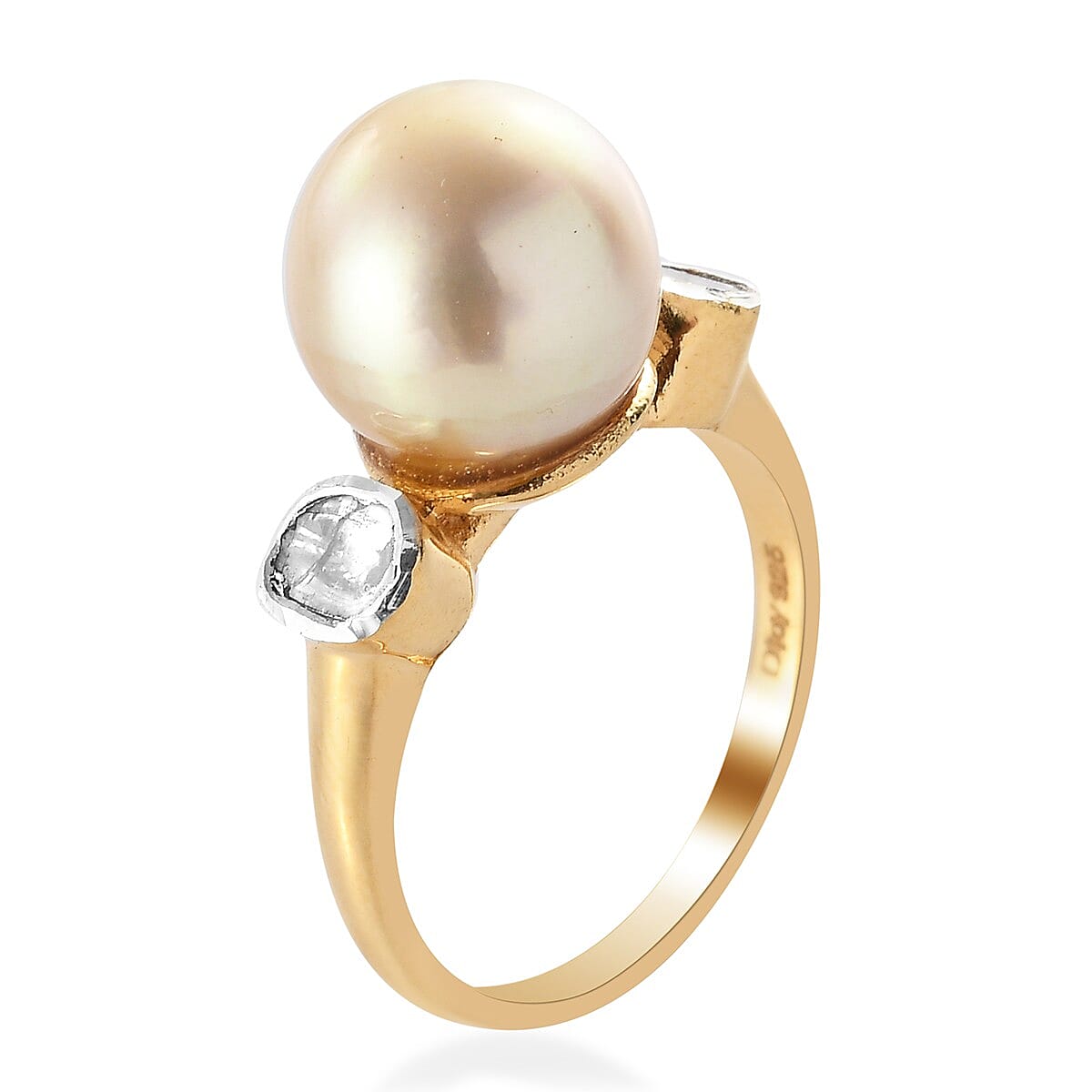 South Sea Pearl 9-10 mm and Polki Diamond Ring in 14K Yellow Gold Over Sterling Silver (Size 10.0) 0.20 ctw image number 3