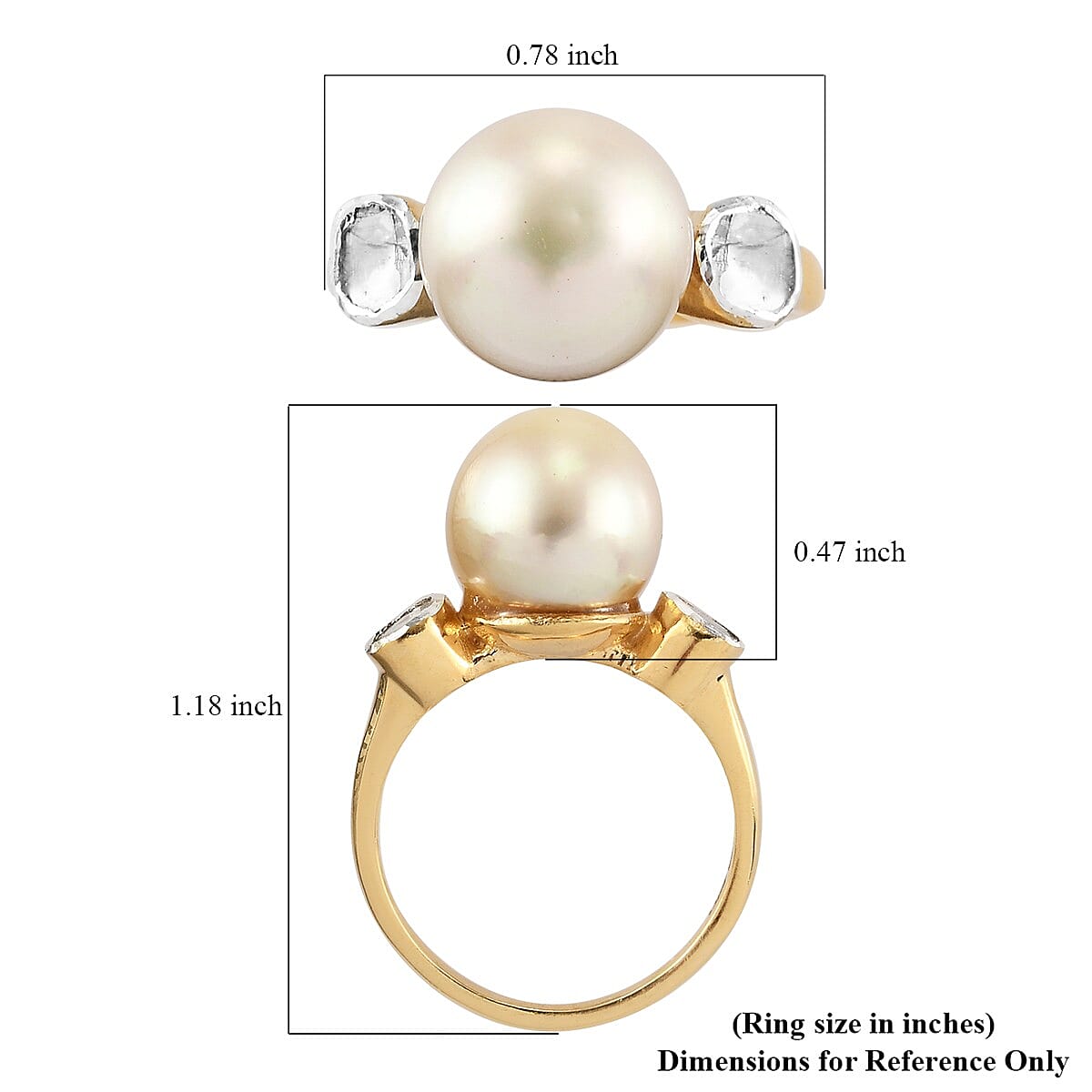 South Sea Pearl 9-10 mm and Polki Diamond Ring in 14K Yellow Gold Over Sterling Silver (Size 10.0) 0.20 ctw image number 5