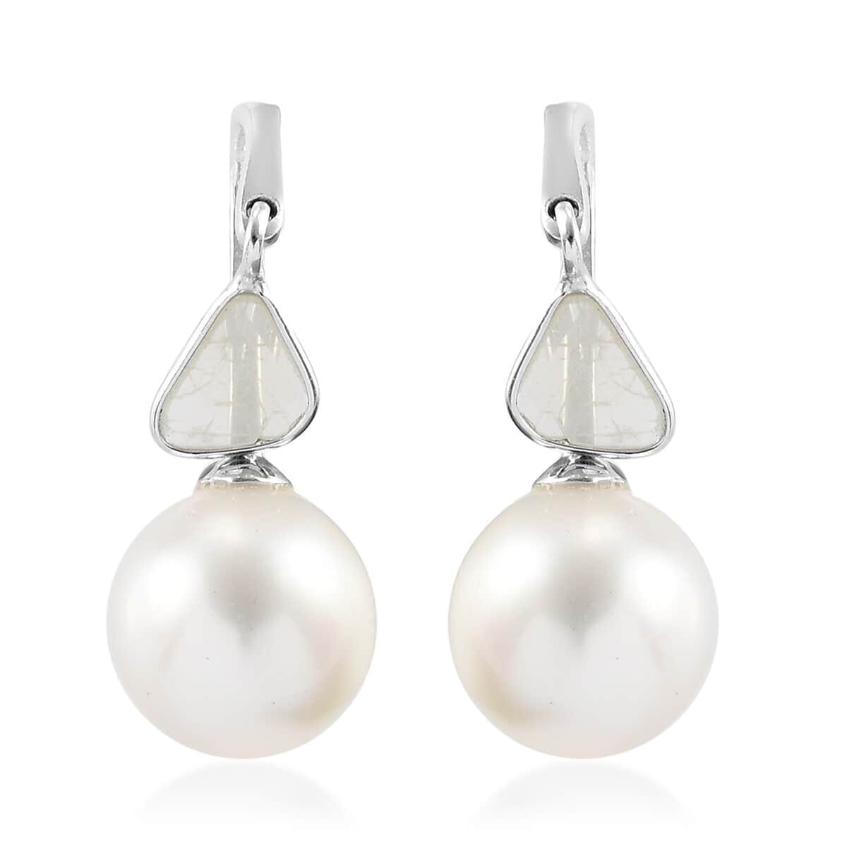 South Sea White Cultured Pearl 9-9.5 mm and Polki Diamond Earrings in Platinum Over Sterling Silver 0.50 ctw image number 0