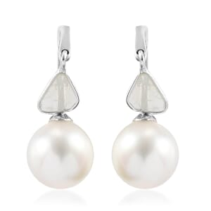 South Sea White Cultured Pearl 9-9.5 mm and Polki Diamond Earrings in Platinum Over Sterling Silver 0.50 ctw