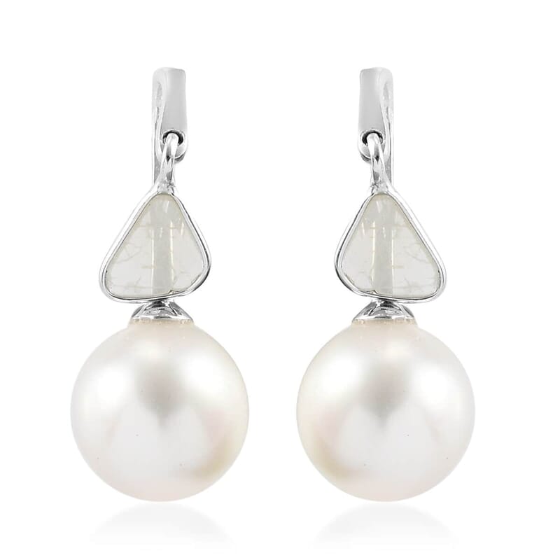 South Sea White Cultured Pearl 9-9.5 mm and Polki Diamond Earrings in Platinum Over Sterling Silver 0.50 ctw