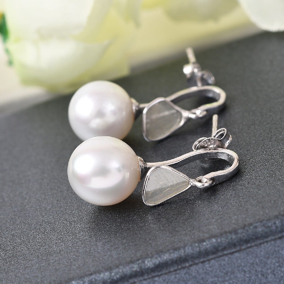 South Sea White Cultured Pearl 9-9.5 mm and Polki Diamond Earrings in Platinum Over Sterling Silver 0.50 ctw image number 1