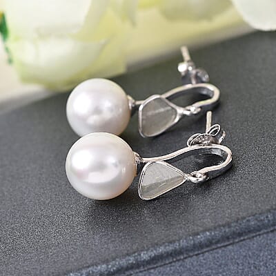South Sea White Cultured Pearl 9-9.5 mm and Polki Diamond Earrings in Platinum Over Sterling Silver 0.50 ctw