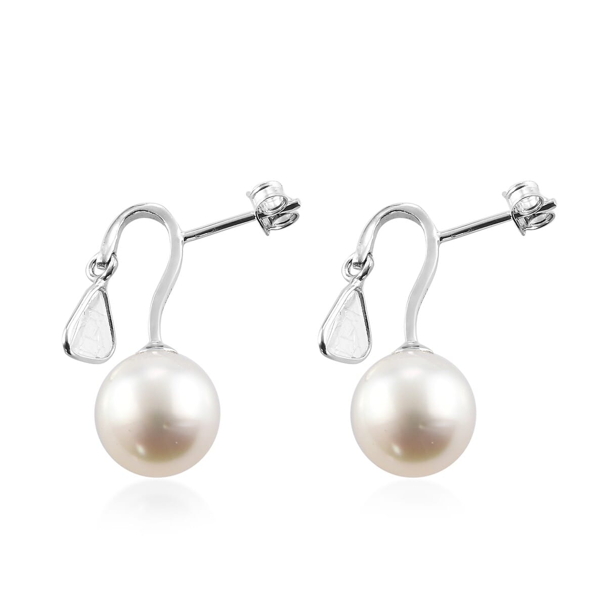 South Sea White Cultured Pearl 9-9.5 mm and Polki Diamond Earrings in Platinum Over Sterling Silver 0.50 ctw image number 3
