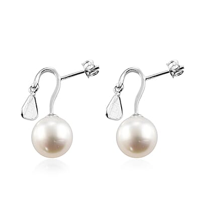 South Sea White Cultured Pearl 9-9.5 mm and Polki Diamond Earrings in Platinum Over Sterling Silver 0.50 ctw