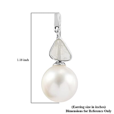 South Sea White Cultured Pearl 9-9.5 mm and Polki Diamond Earrings in Platinum Over Sterling Silver 0.50 ctw