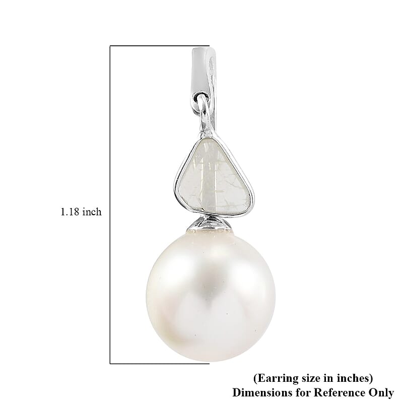 South Sea White Cultured Pearl 9-9.5 mm and Polki Diamond Earrings in Platinum Over Sterling Silver 0.50 ctw