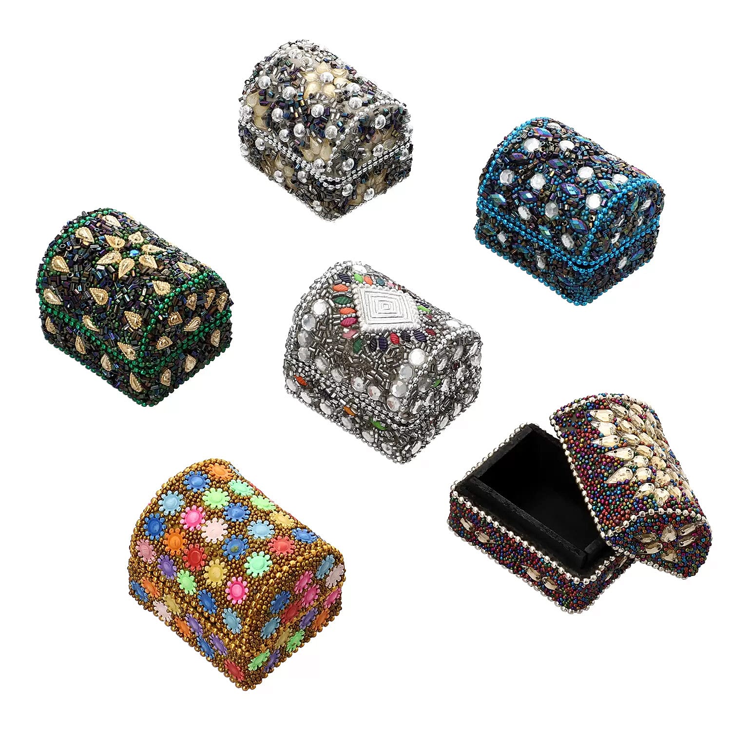 Handcrafted Set of 6 Mini Solid Color Bead Treasure Chest