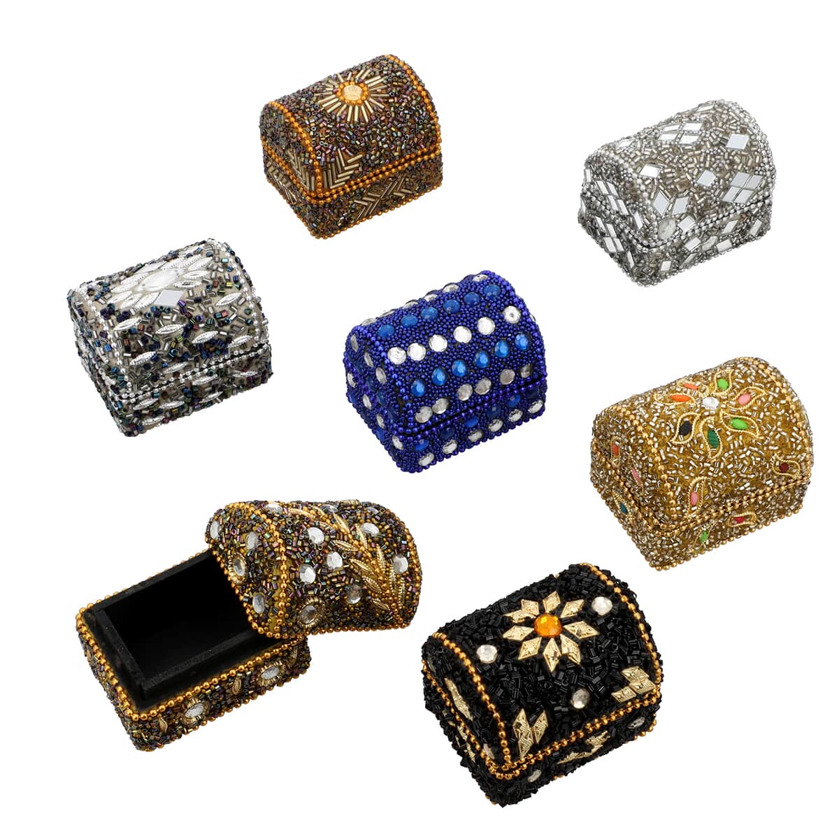 Set of 7 Handcrafted Multi Color Wooden Beaded Chest Jewelry Box (2"x1.5") image number 0