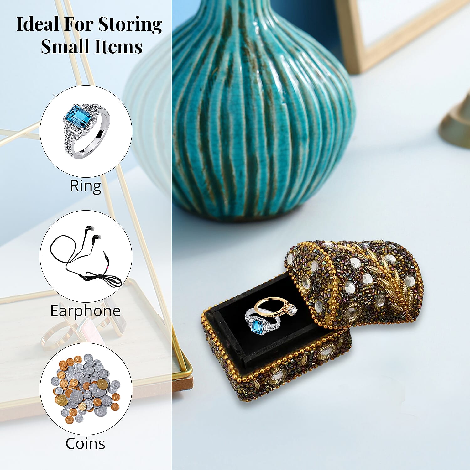 Handcrafted Set of 7 Jewelry Organizer Storage Box, Multi Color Treasure Chest Mini Wooden Beaded Chest Jewelry Box,Small Jewelry Keepsake Boxes
