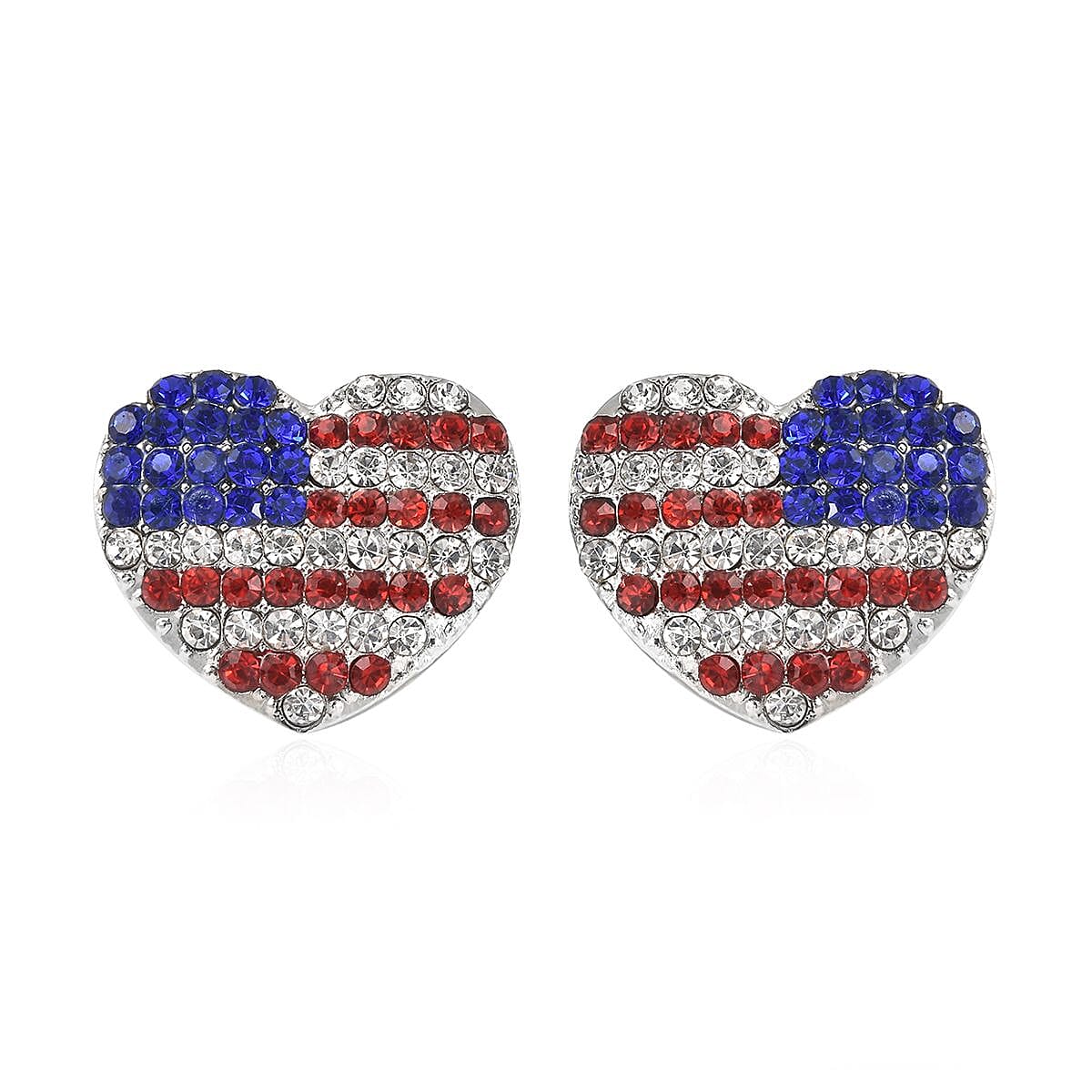 Multi Color Austrian Crystal and Enameled American Flag Pattern Heart Earrings in Silvertone