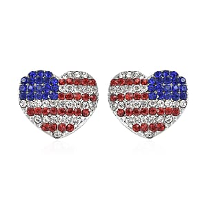 Multi Color Austrian Crystal and Enameled American Flag Pattern Heart Earrings in Silvertone