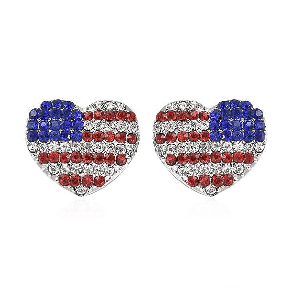 Multi Color Austrian Crystal and Enameled American Flag Pattern Heart Earrings in Silvertone