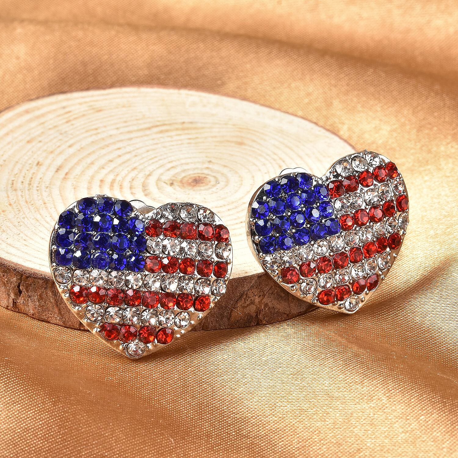 Multi Color Austrian Crystal and Enameled American Flag Pattern Heart Earrings in Silvertone