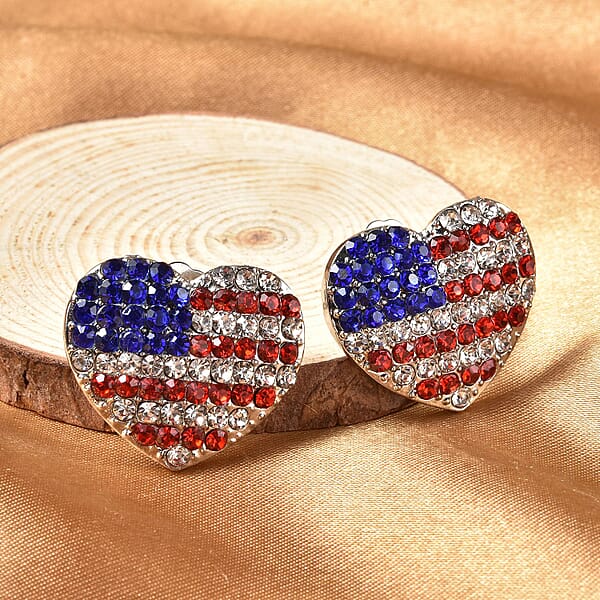 Multi Color Austrian Crystal and Enameled American Flag Pattern Heart Earrings in Silvertone