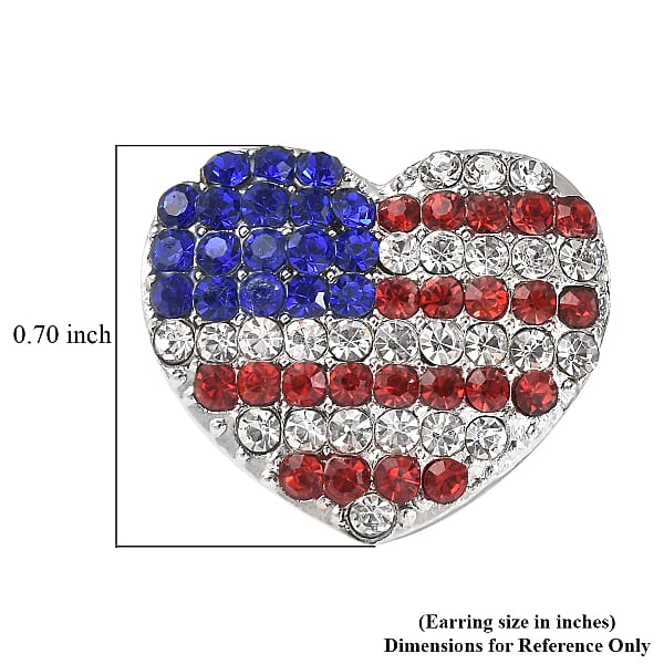 Multi Color Austrian Crystal and Enameled American Flag Pattern Heart Earrings in Silvertone
