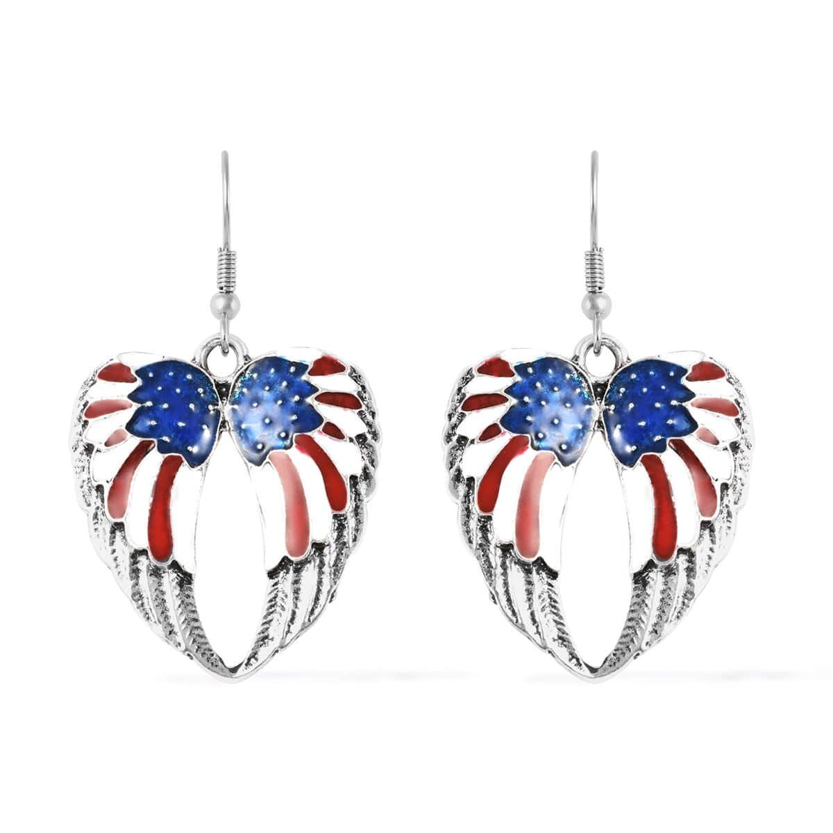 Enameled USA Flag Design Angel Wing Heart Earrings in Silvertone & Stainless Steel | Tarnish-Free, Waterproof, Sweat Proof Jewelry image number 0