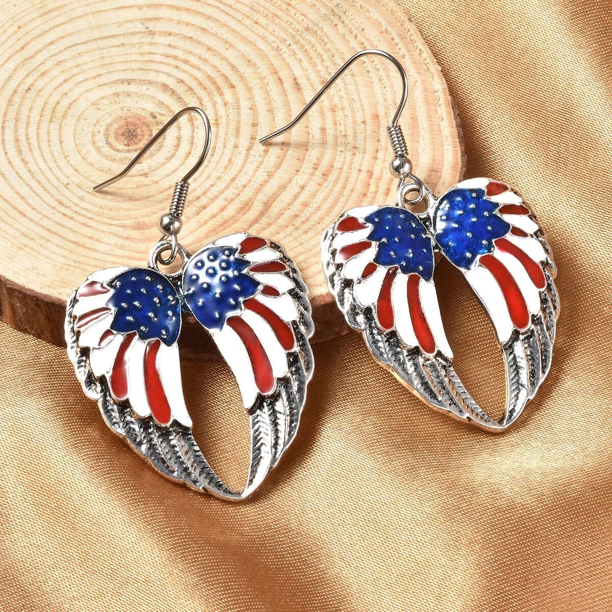 Enameled USA Flag Design Angel Wing Heart Earrings in Silvertone & Stainless Steel | Tarnish-Free, Waterproof, Sweat Proof Jewelry image number 1