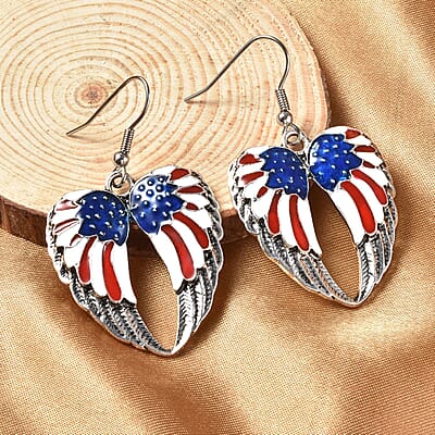 Enameled USA Flag Design Angel Wing Heart Earrings in Silvertone & Stainless Steel | Tarnish-Free, Waterproof, Sweat Proof Jewelry