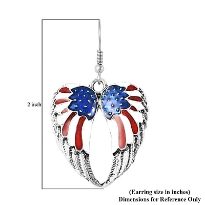 Enameled USA Flag Design Angel Wing Heart Earrings in Silvertone & Stainless Steel | Tarnish-Free, Waterproof, Sweat Proof Jewelry
