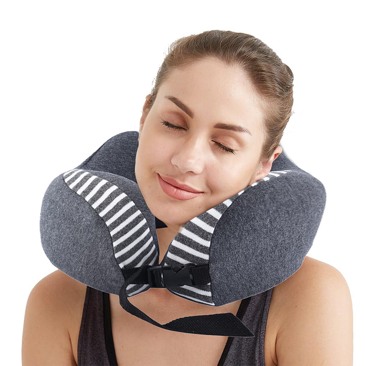 Homesmart Gray Stripe Pattern Neck Pillow Can Be Rolled Up (100% Polyurethane Memory Foam) image number 1