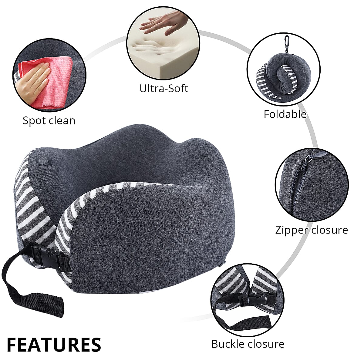 Homesmart Gray Stripe Pattern Neck Pillow Can Be Rolled Up (100% Polyurethane Memory Foam) image number 2