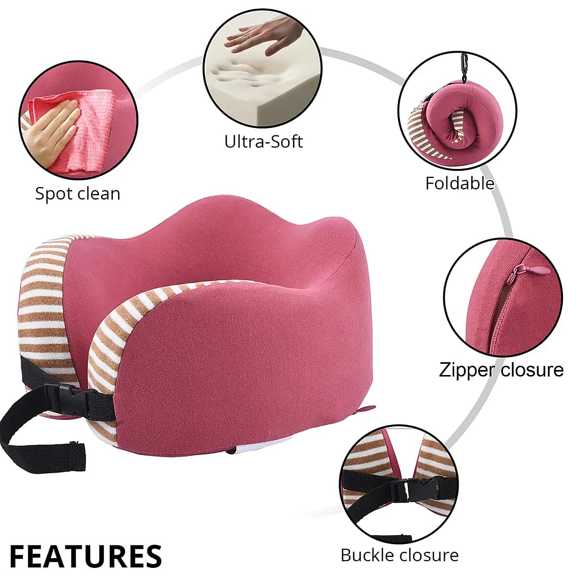 Homesmart Pink and Brown Stripe Pattern Neck Pillow Can Be Rolled Up (100% Polyurethane Memory Foam) image number 2