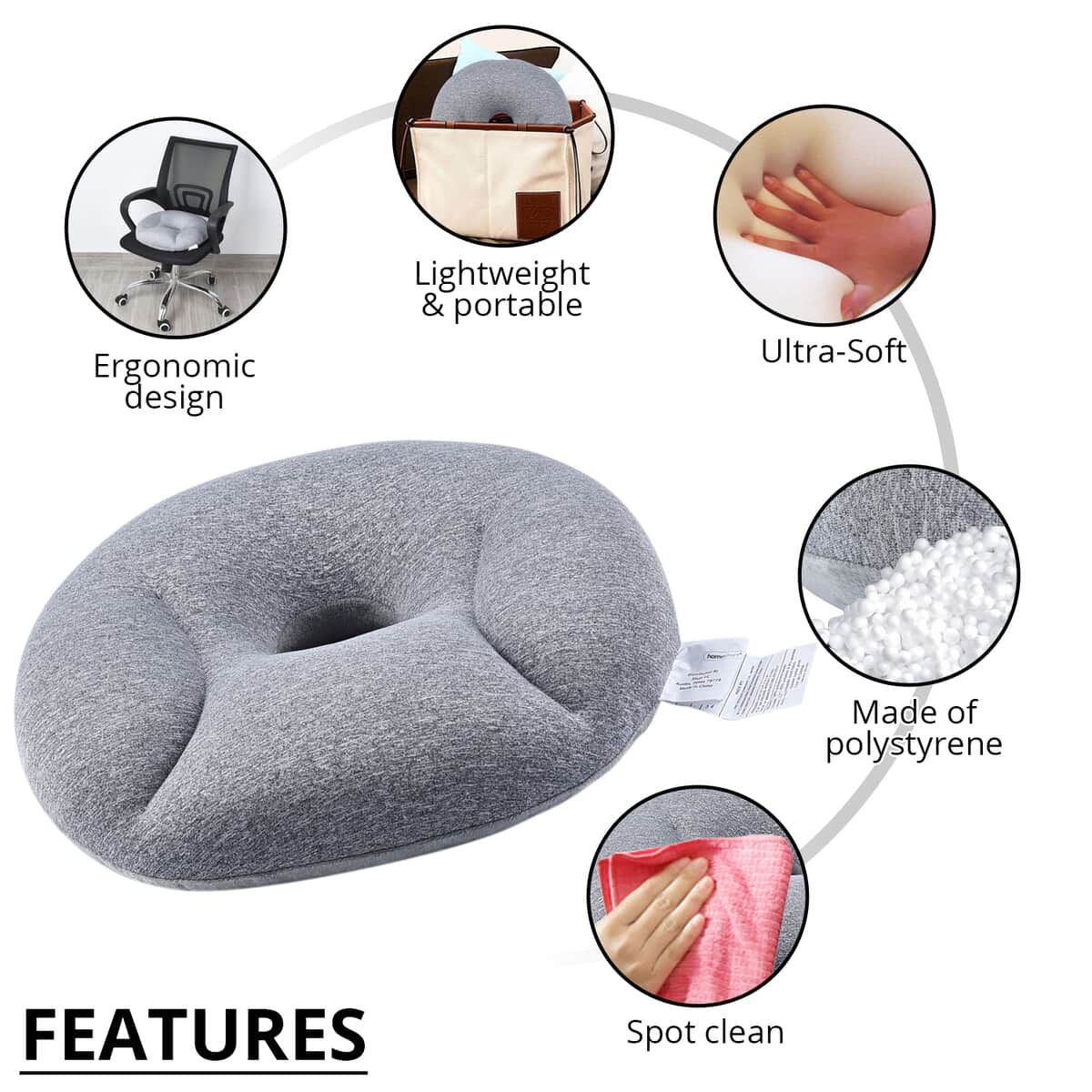 Homesmart Gray Polystyrene Beads Ergonomic Cushion image number 2