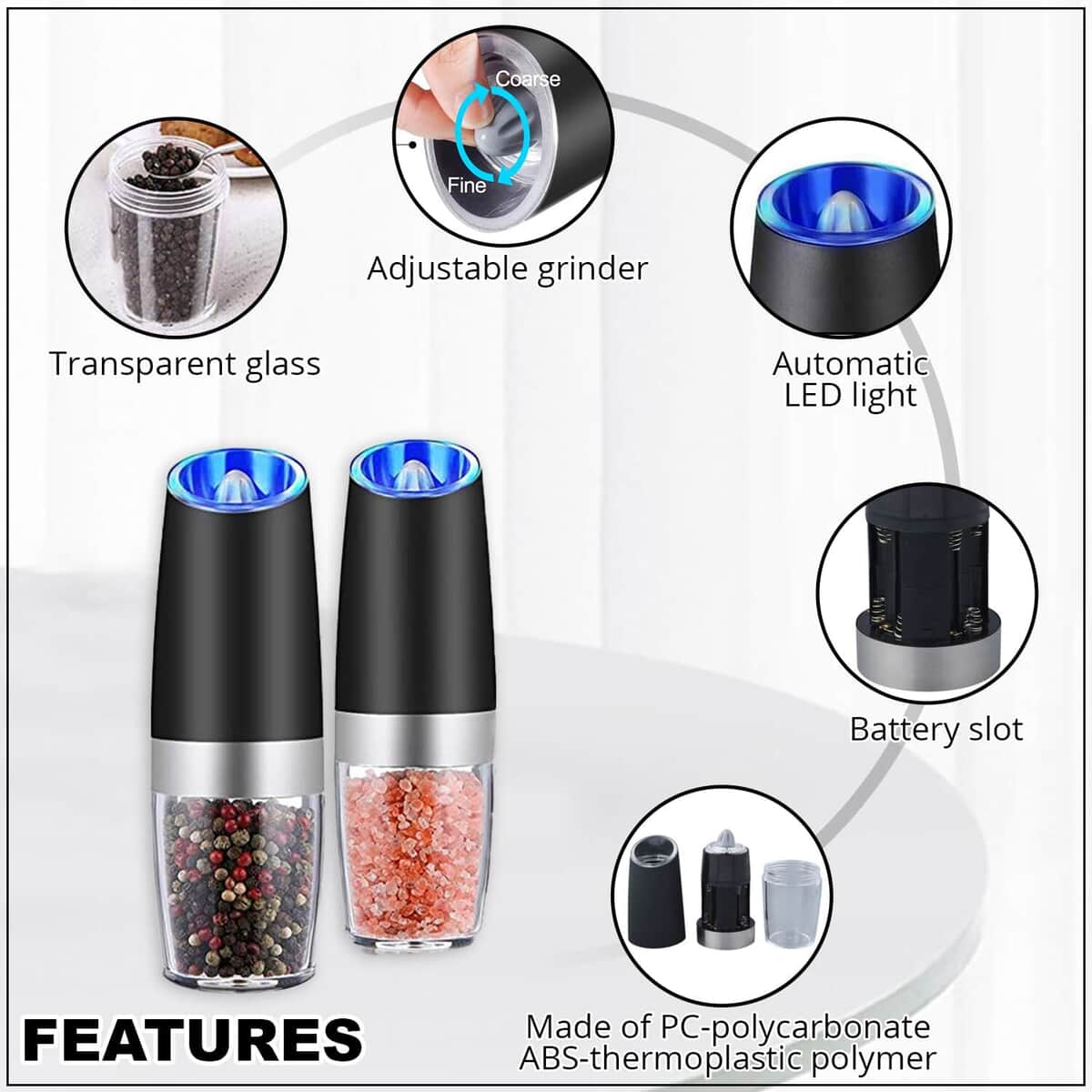 Gravity Electric Salt or Pepper Grinder Mill, Battery Operated Stainless Steel Mill with Light, Automatic One Handed Operation, Electronic Adjustable Shakers (6XAAA Battery Not included) image number 2