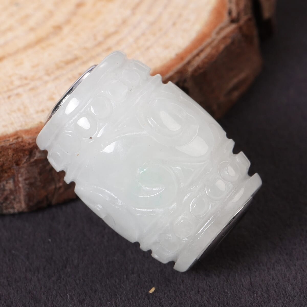 Natural White Jade Carved Barrel Shape Charm in Rhodium Over Sterling Silver 28.50 ctw image number 1
