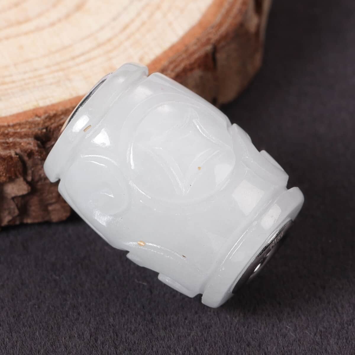 Natural White Jade Carved Barrel Shape Charm in Rhodium Over Sterling Silver 30.50 ctw image number 1