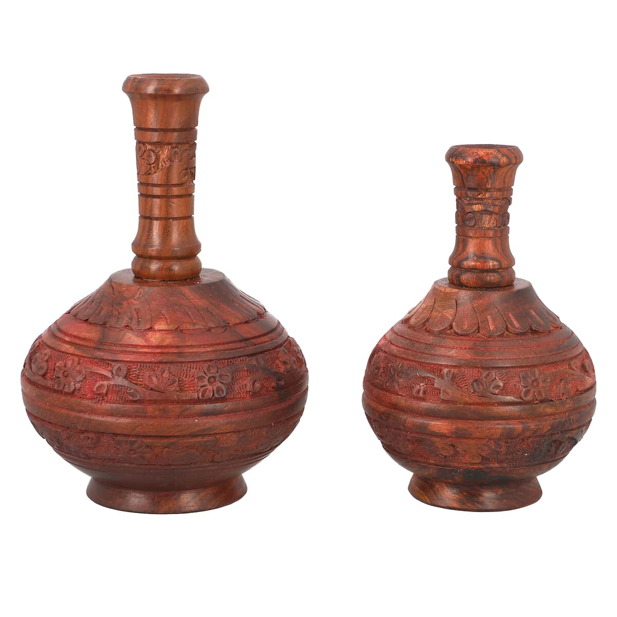 Set of 2 Natural Brown Hand Carved Wooden Surahi Shape Flower Vase , Wooden Vase Stand , Hand Carved Wooden Vases , Natural Wood Vases for Centerpieces image number 0