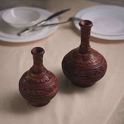 Set of 2 Natural Brown Hand Carved Wooden Surahi Shape Flower Vase , Wooden Vase Stand , Hand Carved Wooden Vases , Natural Wood Vases for Centerpieces