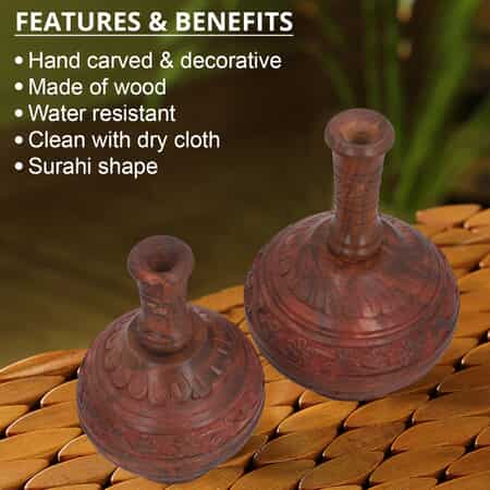 Set of 2 Natural Brown Hand Carved Wooden Surahi Shape Flower Vase , Wooden Vase Stand , Hand Carved Wooden Vases , Natural Wood Vases for Centerpieces image number 2