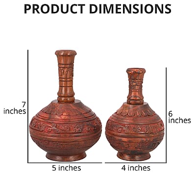 Set of 2 Natural Brown Hand Carved Wooden Surahi Shape Flower Vase , Wooden Vase Stand , Hand Carved Wooden Vases , Natural Wood Vases for Centerpieces
