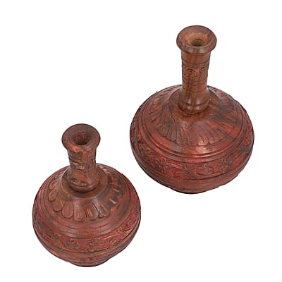 Set of 2 Natural Brown Hand Carved Wooden Surahi Shape Flower Vase , Wooden Vase Stand , Hand Carved Wooden Vases , Natural Wood Vases for Centerpieces