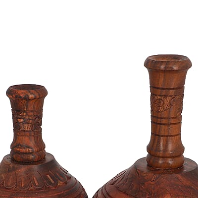 Set of 2 Natural Brown Hand Carved Wooden Surahi Shape Flower Vase , Wooden Vase Stand , Hand Carved Wooden Vases , Natural Wood Vases for Centerpieces