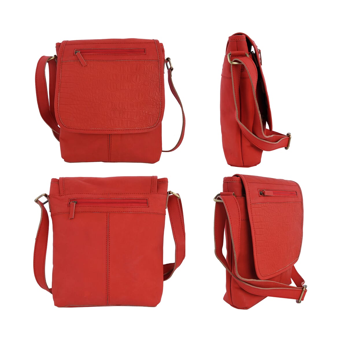 Natural Fruit Dyeing Dark Red Genuine Leather Croco Embossed Crossbody Bag image number 4
