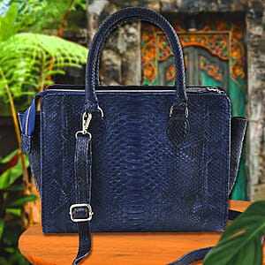 The Pelle Collection Blue 100% Genuine Python Leather Tote Bag for Women, Satchel Purse, Shoulder Handbag, Designer Tote Bag