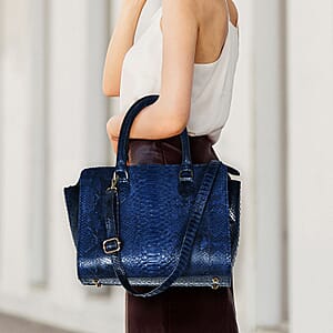 The Pelle Collection Blue 100% Genuine Python Leather Tote Bag for Women, Satchel Purse, Shoulder Handbag, Designer Tote Bag