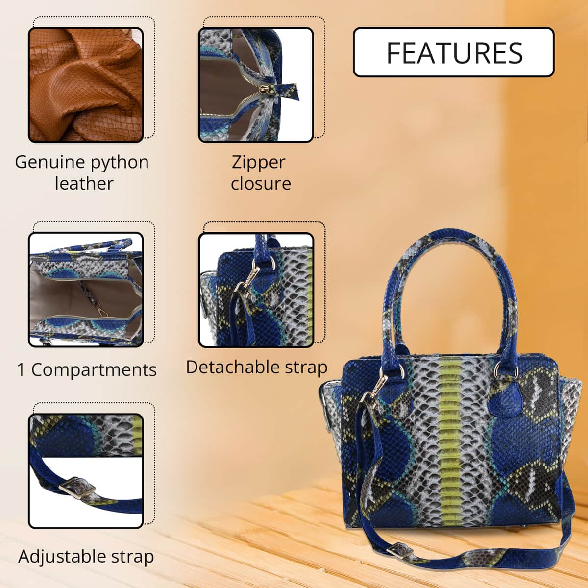 The Pelle Collection Blue 100% Genuine Python Leather Tote Bag for Women, Satchel Purse, Shoulder Handbag, Designer Tote Bag image number 2