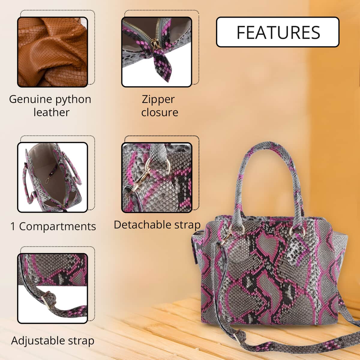 The Pelle Python Collection Pink 100% Genuine Python Leather Tote Bag for Women, Satchel Purse, Shoulder Handbag, Designer Tote Bag image number 2
