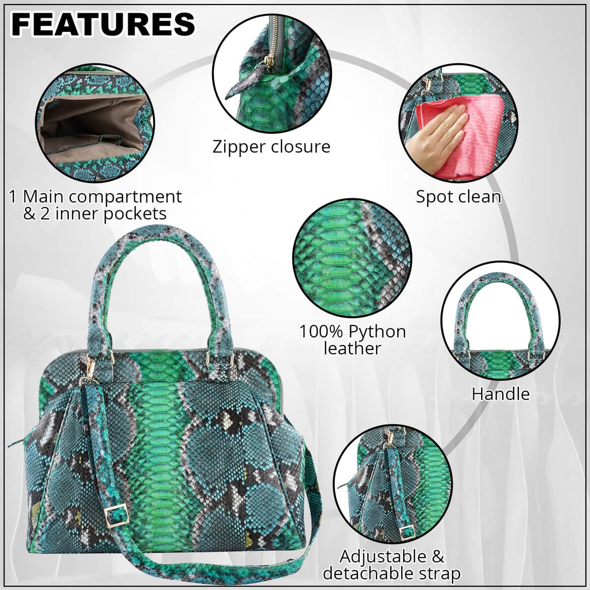 The Pelle Collection Green, Blue and Yellow 100% Genuine Python Leather Tote Bag for Women, Satchel Purse, Shoulder Handbag, Designer Tote Bag image number 1