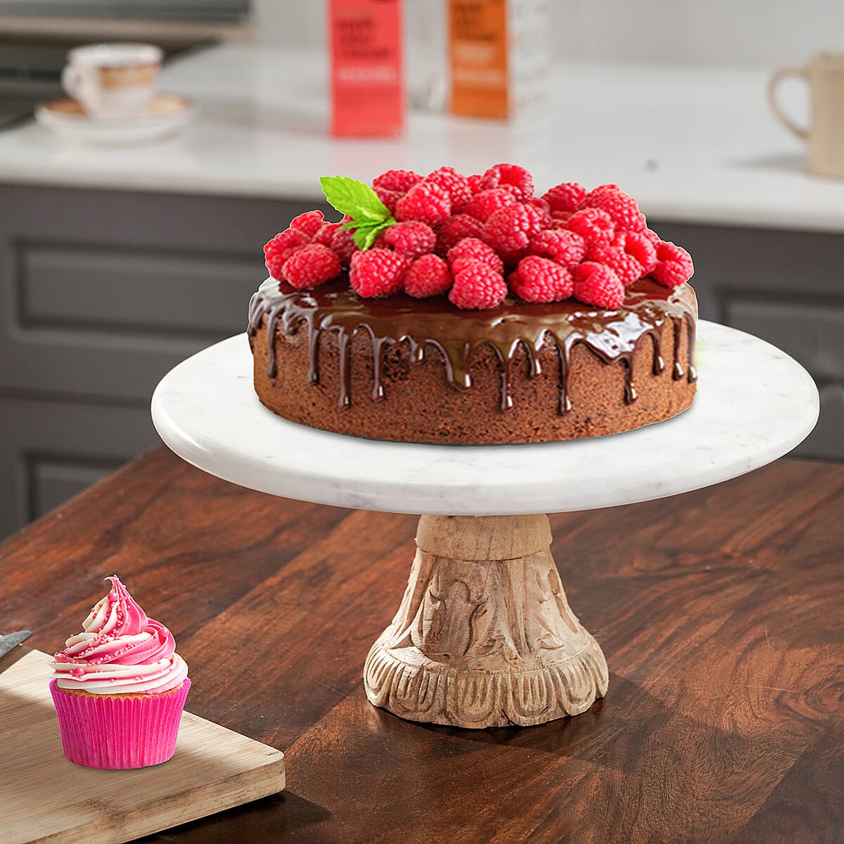 White Handcrafted Marble Cake Stand with Carved Wood Stand image number 1