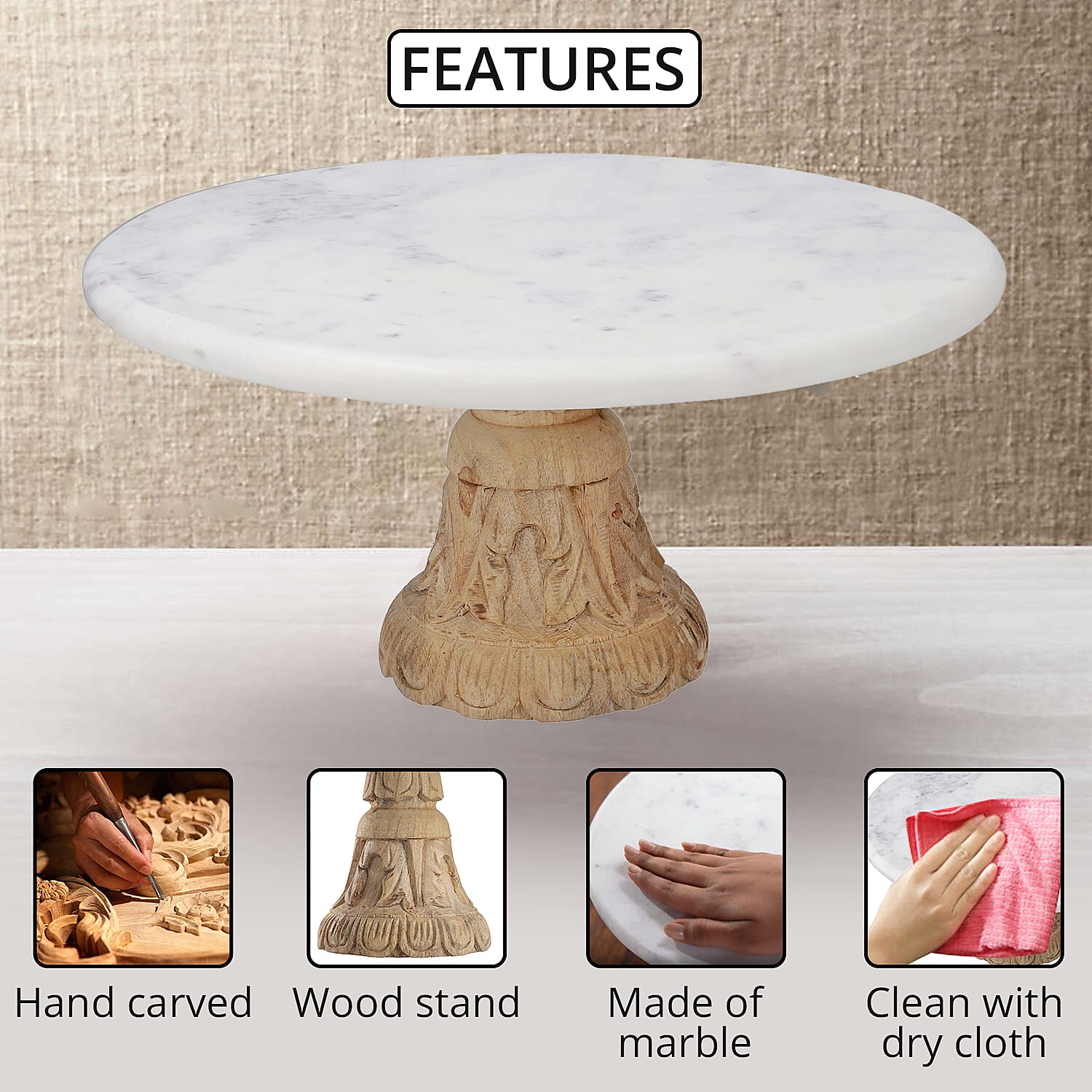 White Handcrafted Marble Cake Stand with Carved Wood Stand